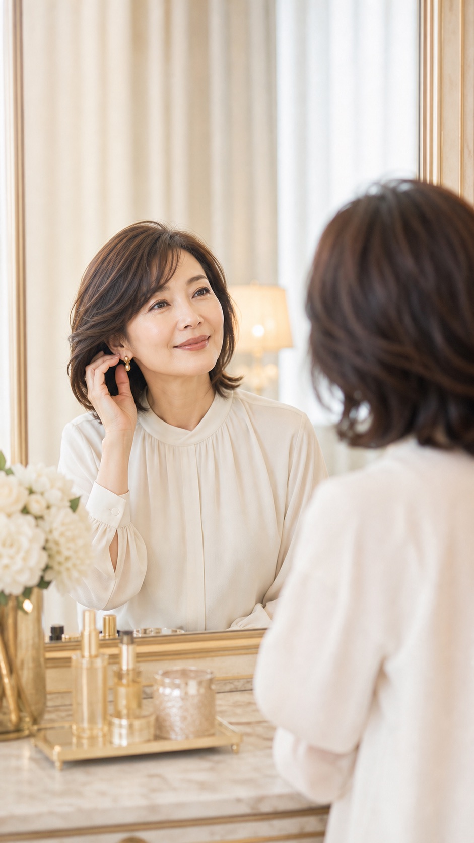 鏡を見る自分に自信を持ち、穏やかに微笑む女性。