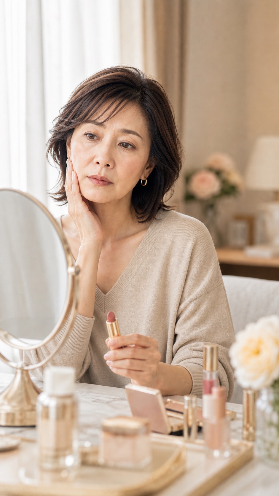 鏡の前で今の自分に似合うメイクを考える女性。