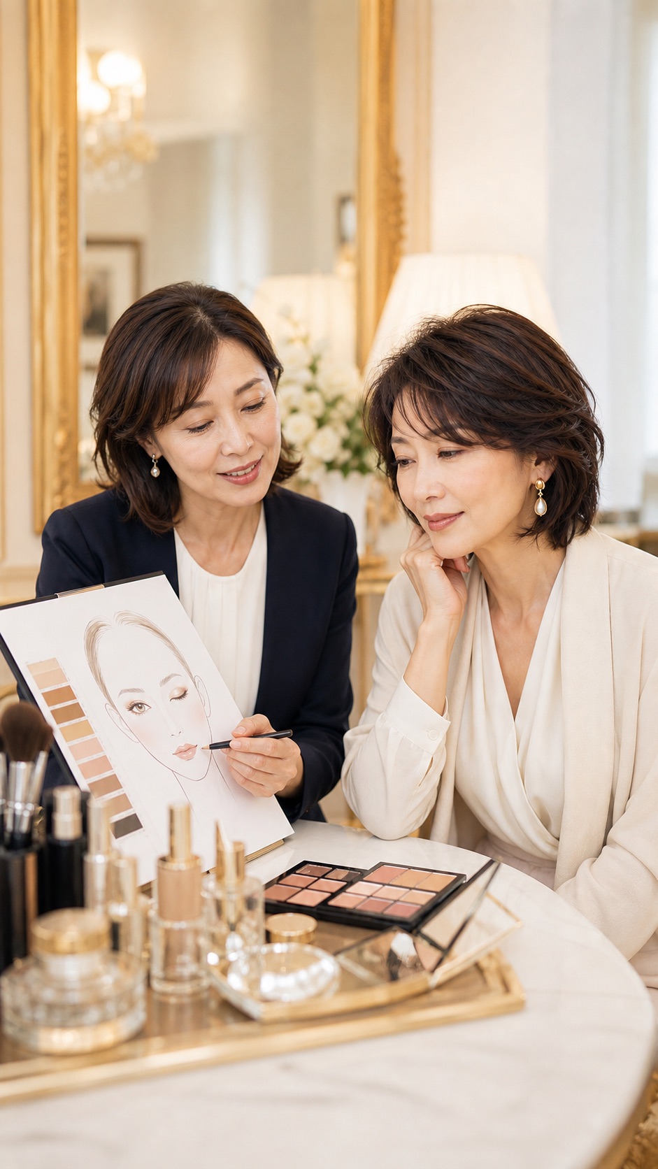 美容の専門家が一人ひとりに合わせて魅力を分析する様子。