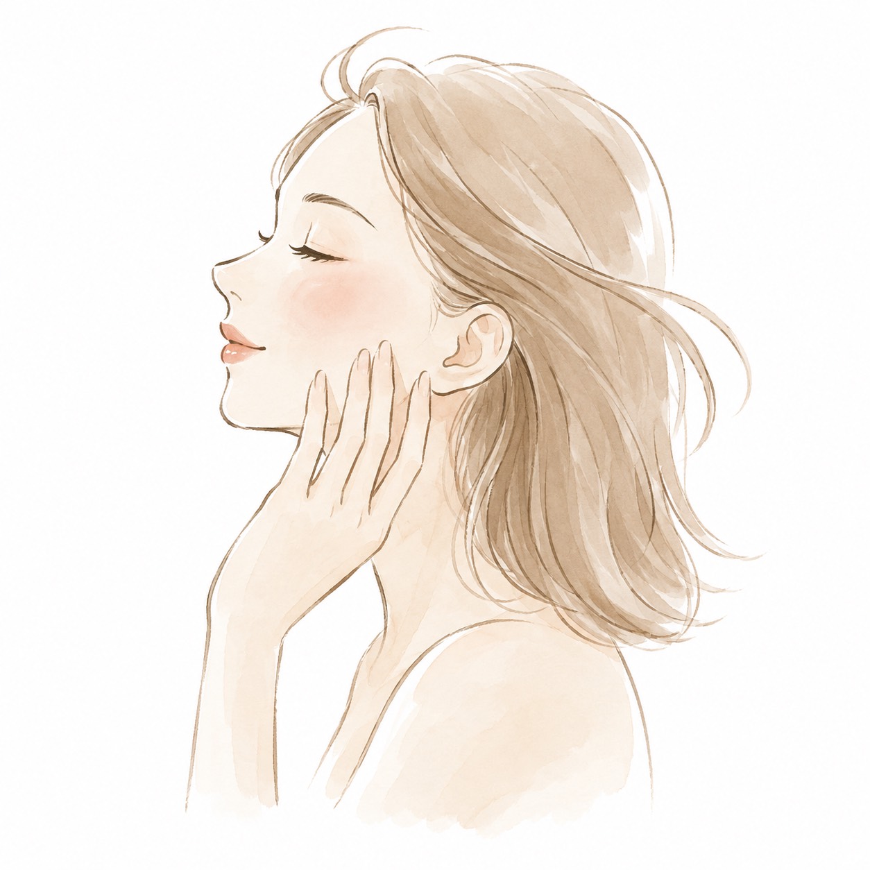 肌質をイメージさせる頬に手を添えた女性イラスト。